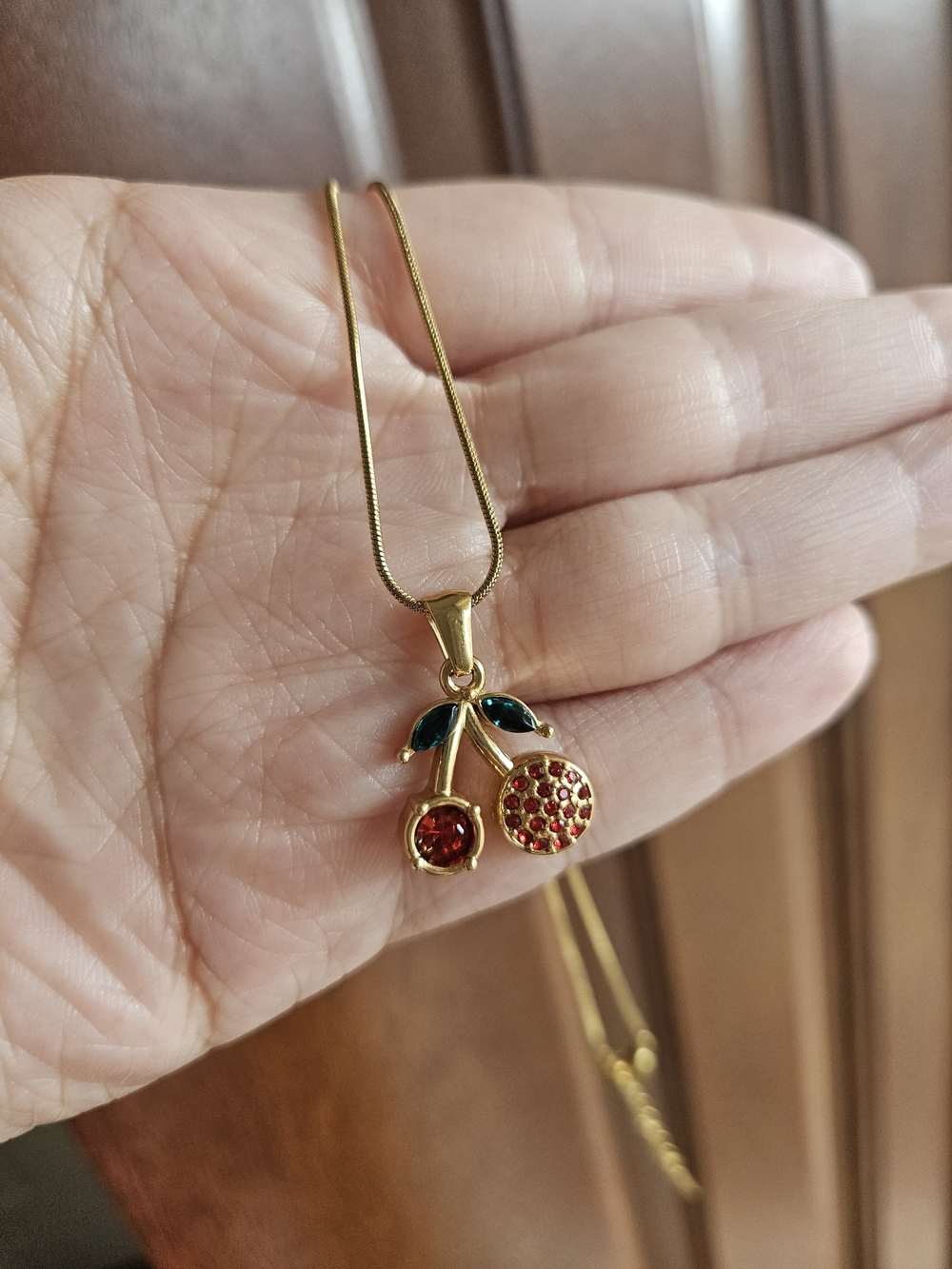 Gold Plated Cherry Pendant Necklace with Red Crystals